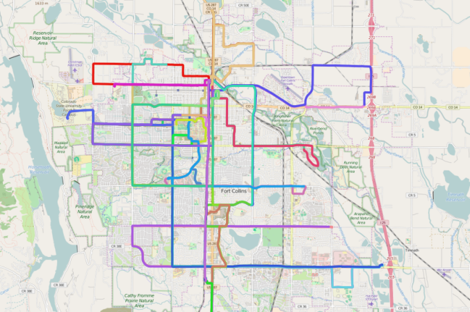 The Transfort GTFS data loaded in QGIS after applying the Ruby gem for GTFS to GeoJSON conversion.