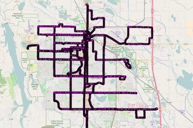 The Transfort GTFS data loaded in QGIS before applying the Ruby gem for GTFS to GeoJSON conversion.