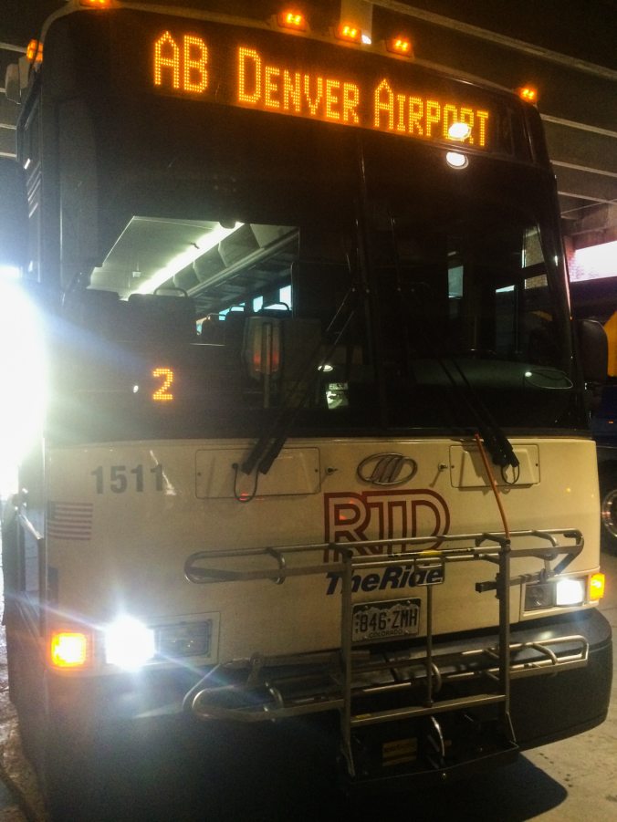 Our second bus of the day: RTD AB from Downtown Boulder Station to DIA! I had not expected a coach-style bus. The driver was initially confused that we wanted return transfer slips. Apparently not many people taking the airport bus return same day! Obviously, they hadn't met transit enthusiasts like us yet.